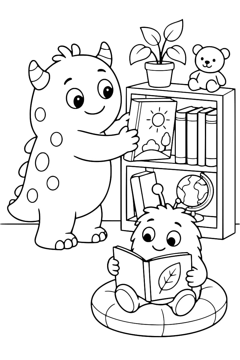 Dessin au trait noir sur fond blanc de deux monstres souriants près d’une bibliothèque : le grand, à cornes et à taches, tient un livre devant une étagère, et le petit, poilu, lit un livre ouvert sur un coussin rond. Des livres, un globe, une plante en pot et un ours en peluche complètent la scène.