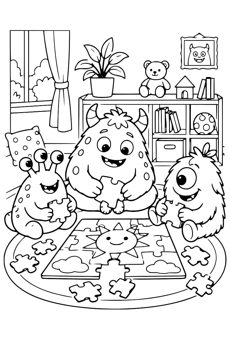 Trois monstres souriants réunis autour d’un grand puzzle, avec des pièces éparpillées sur le sol.