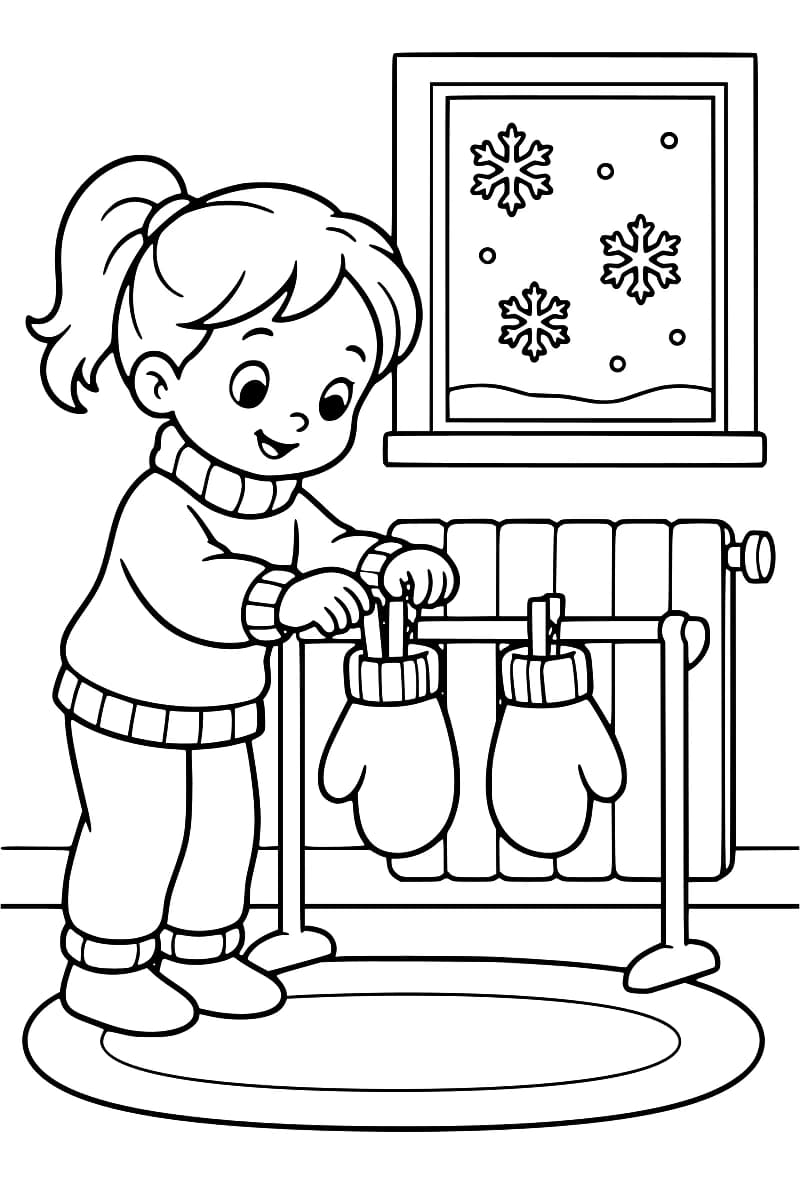 Dessin en noir et blanc d’un enfant accrochant deux moufles à un séchoir placé devant un radiateur, sous une fenêtre où l’on voit des flocons de neige.