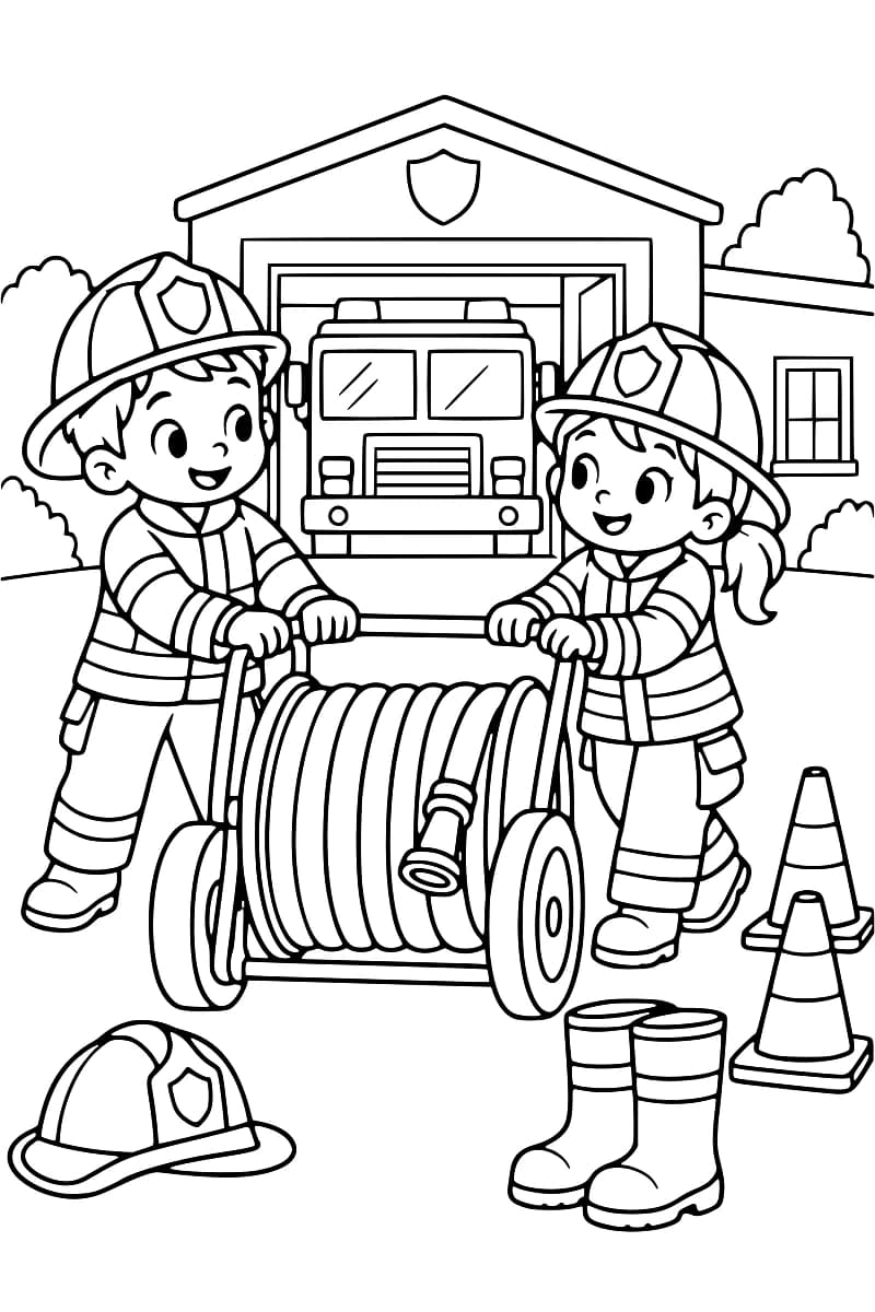 Coloriage en noir et blanc de deux pompiers tenant un dévidoir sur roues avec un tuyau enroulé, devant une caserne et un camion de pompiers ; un casque, une paire de bottes et deux cônes sont posés au premier plan.