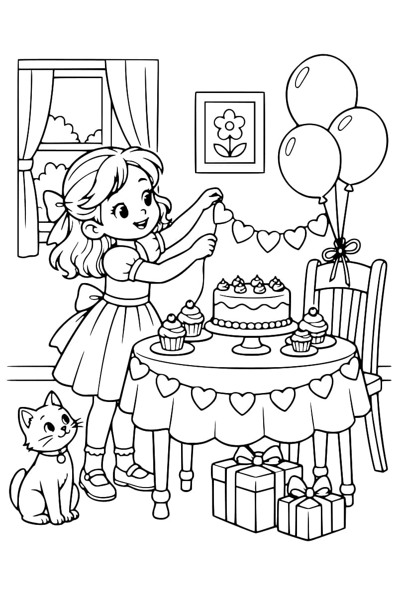 Dessin en noir et blanc d’une fête d’anniversaire avec une fillette, une table garnie de gâteau et de cupcakes, des ballons, des cadeaux, une guirlande de cœurs et un chat.
