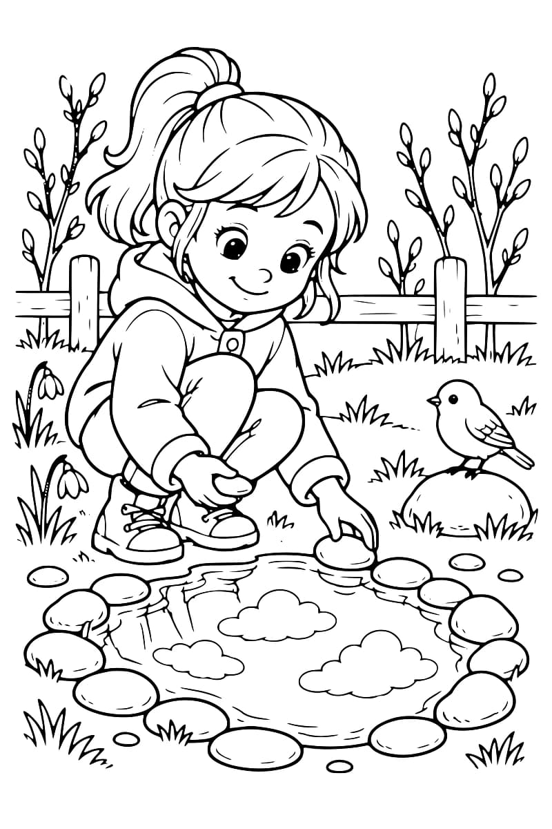 Dessin en noir et blanc d’une enfant accroupie déposant un galet au bord d’une flaque entourée de pierres et reflétant des nuages. Un oiseau perché sur une pierre, des perce-neige, des touffes d’herbe et une clôture devant des branches en bourgeons complètent la scène.