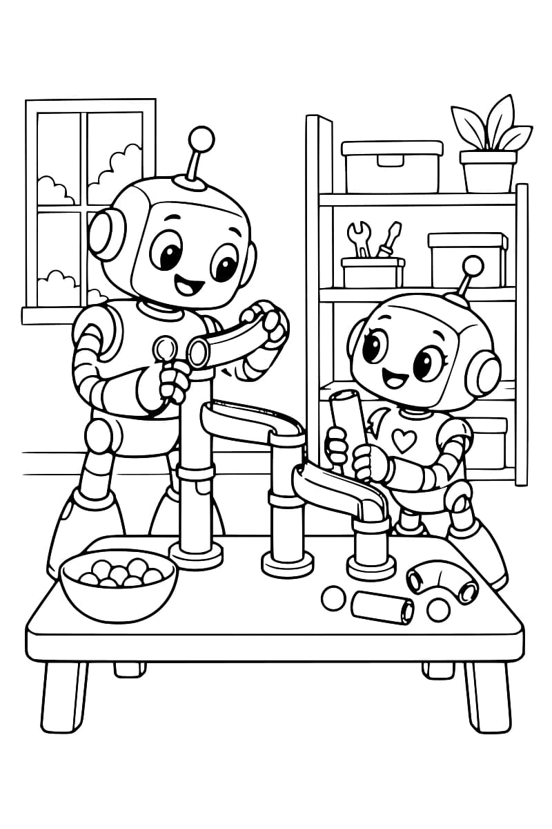 Dessin en noir et blanc de deux robots souriants assemblant un circuit de billes sur une table, avec un bol de billes, des billes éparses et des morceaux de tube, devant une fenêtre et une étagère.