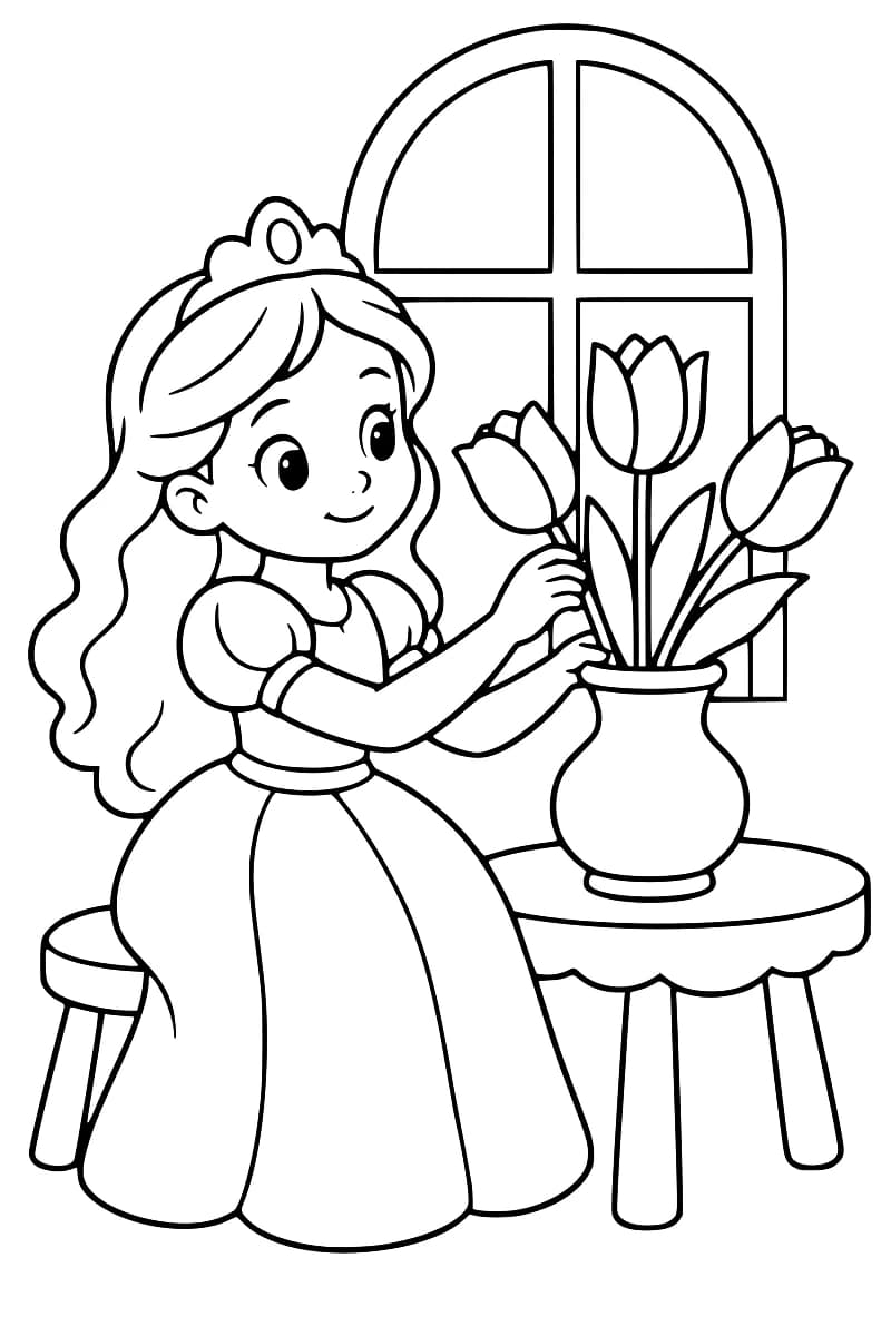 Dessin au trait d’une princesse aux longs cheveux ondulés, coiffée d’une couronne et vêtue d’une longue robe, arrangeant trois tulipes dans un vase sur une table devant une fenêtre en arche.