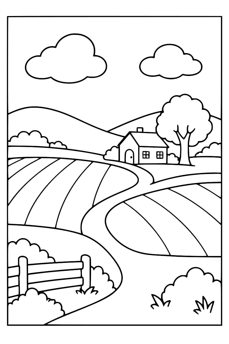 Dessin en noir et blanc d’un paysage rural avec des champs aux lignes courbes, un chemin sinueux, une petite maison et un grand arbre. Des collines et deux nuages occupent l’arrière-plan, tandis qu’une clôture et des buissons bordent le premier plan.