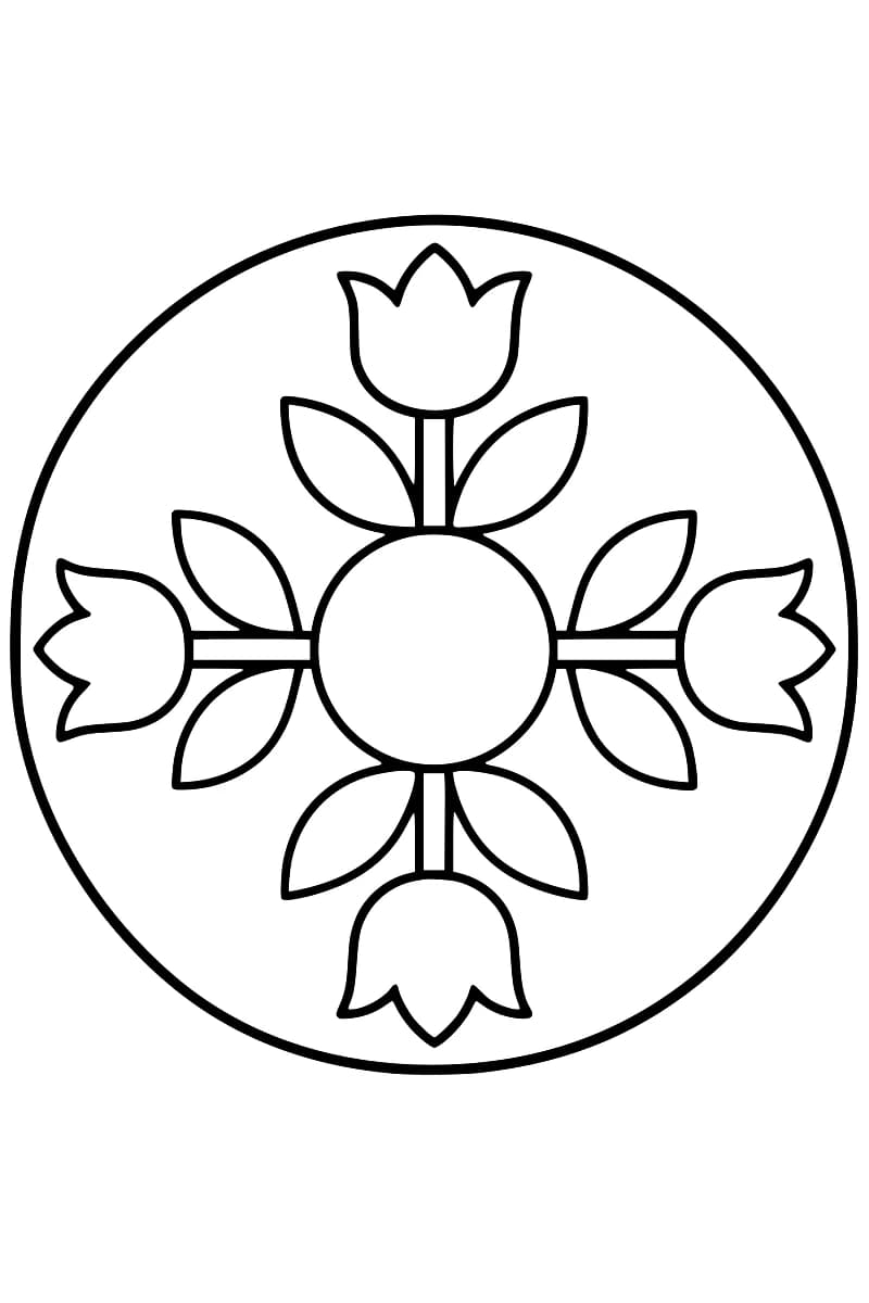 Dessin en noir et blanc de quatre tulipes orientées vers le haut, le bas, la gauche et la droite, avec deux feuilles chacune, autour d’un cercle central et dans un grand contour circulaire.