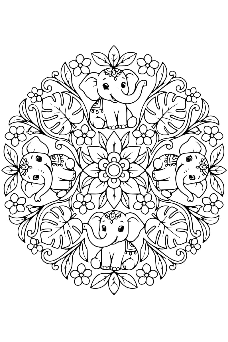 Dessin en noir et blanc d’un mandala symétrique avec quatre éléphants, des feuilles tropicales, des fleurs et une grande fleur au centre.