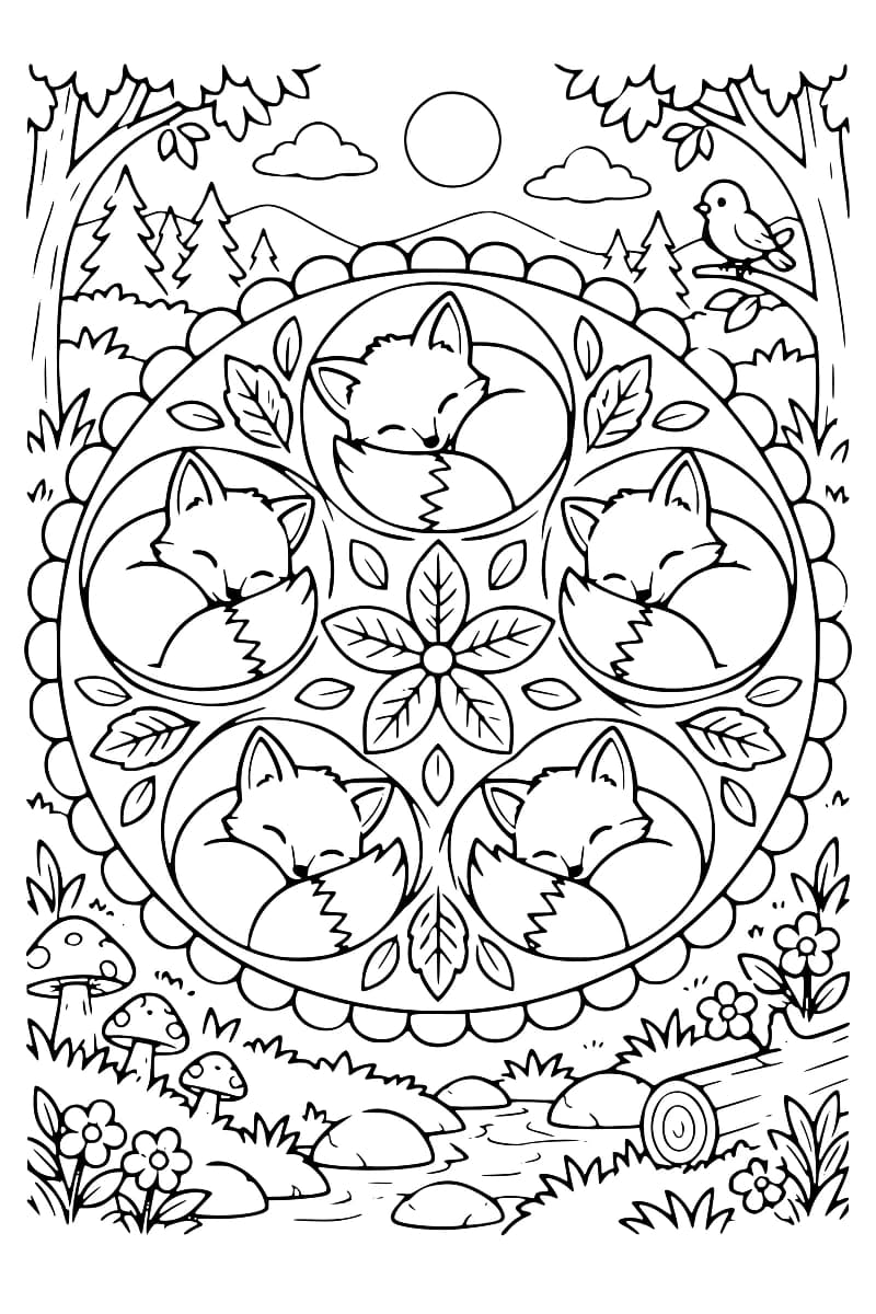 Dessin à colorier de cinq renards endormis en cercle autour d’une rosace de feuilles, dans un mandala bordé de festons, avec des arbres, un oiseau, des champignons, des fleurs et un ruisseau.