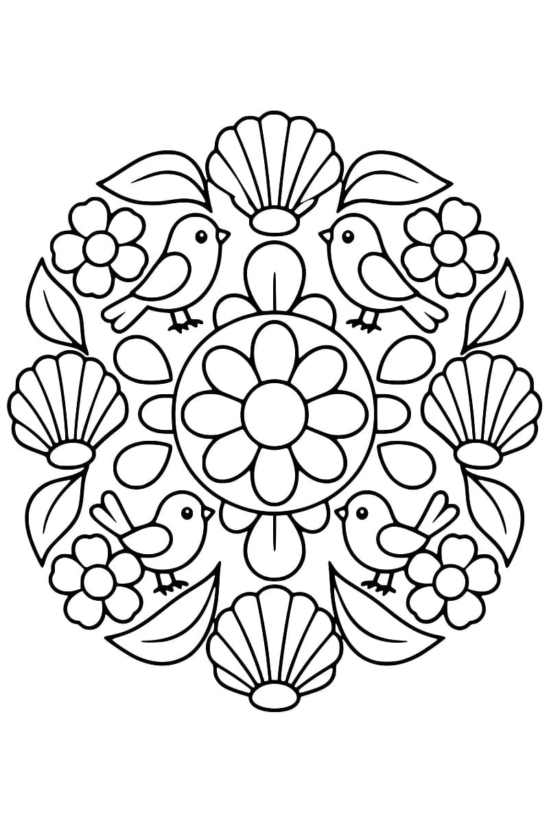 Dessin en noir et blanc d’un mandala avec une grande fleur au centre, entourée de quatre coquillages, de quatre oiseaux, de quatre petites fleurs et de feuilles.