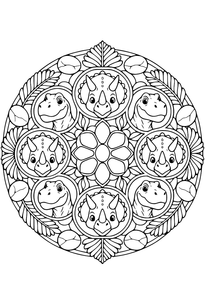 Dessin circulaire en noir et blanc composé de quatre têtes de tricératops de face et de quatre têtes de dinosaures carnivores de profil, chacune dans un médaillon, autour d’une fleur à huit pétales et entourées de feuillage et de galets.