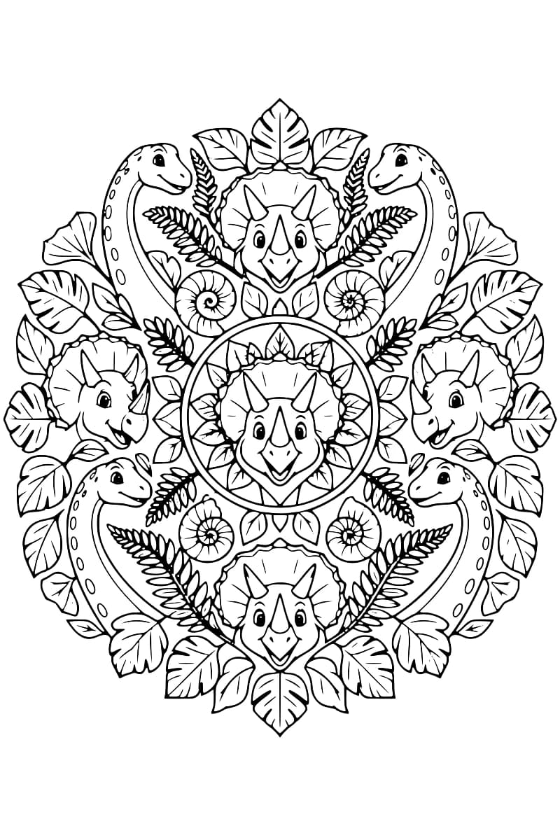 Dessin noir et blanc en forme de mandala, avec des tricératops, des dinosaures à long cou, des fougères, des feuilles et des ammonites.