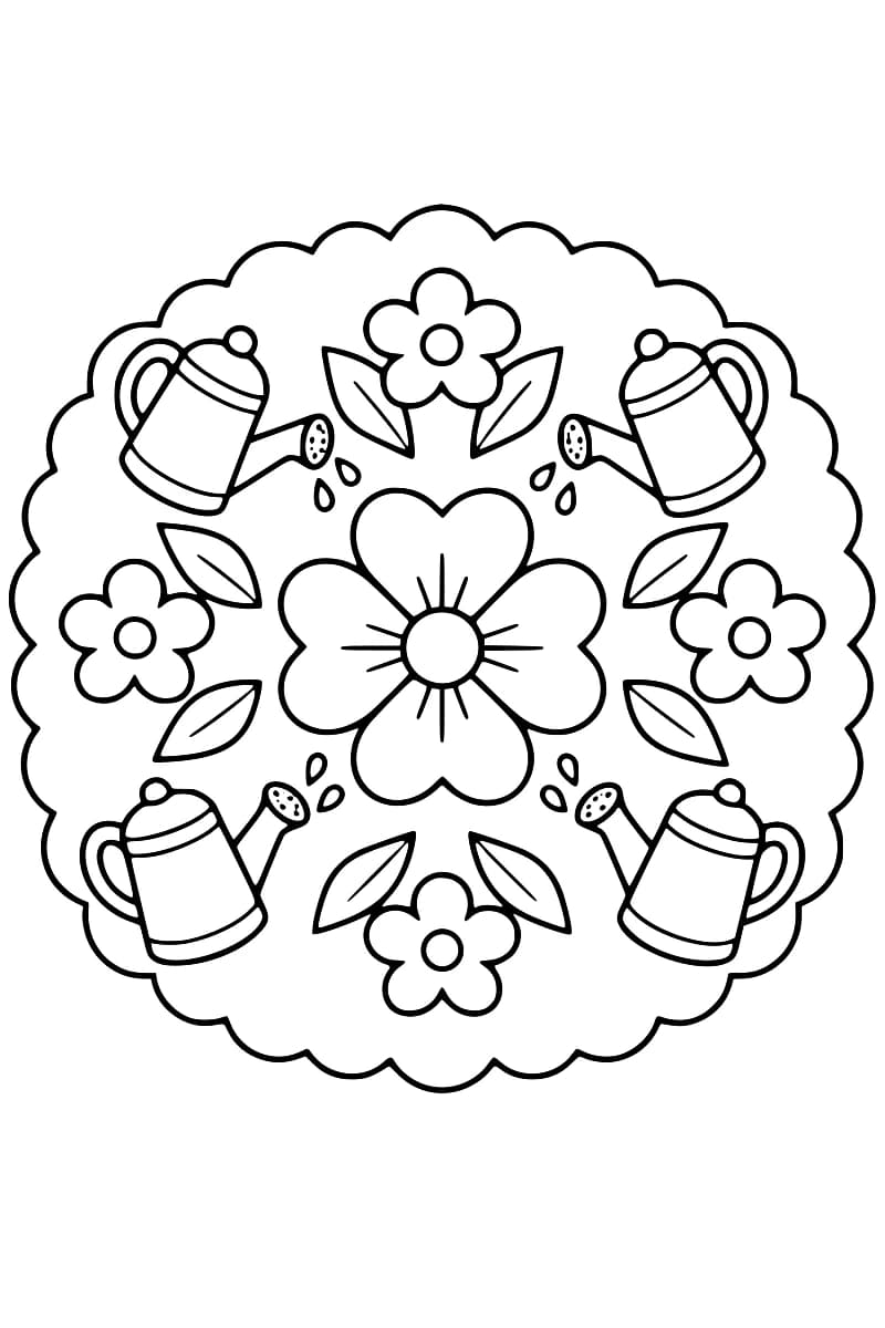 Dessin en noir et blanc d’un mandala à bordure festonnée, avec une grande fleur centrale, quatre petites fleurs, huit feuilles et quatre arrosoirs laissant échapper des gouttes.
