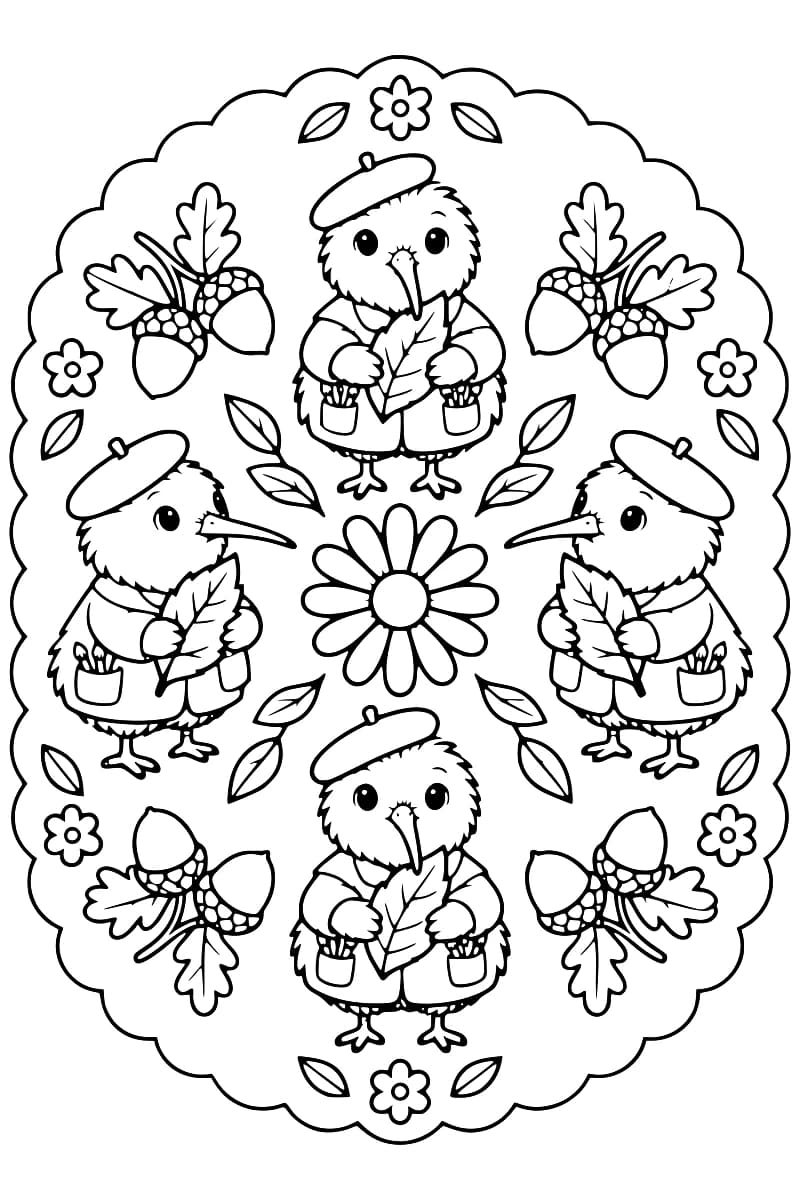 Dessin en noir et blanc dans un cadre ovale festonné : quatre oiseaux kiwis en béret et en veste tiennent chacun une feuille autour d’une fleur centrale, avec quatre paires de glands, des feuilles de chêne et de petites fleurs.