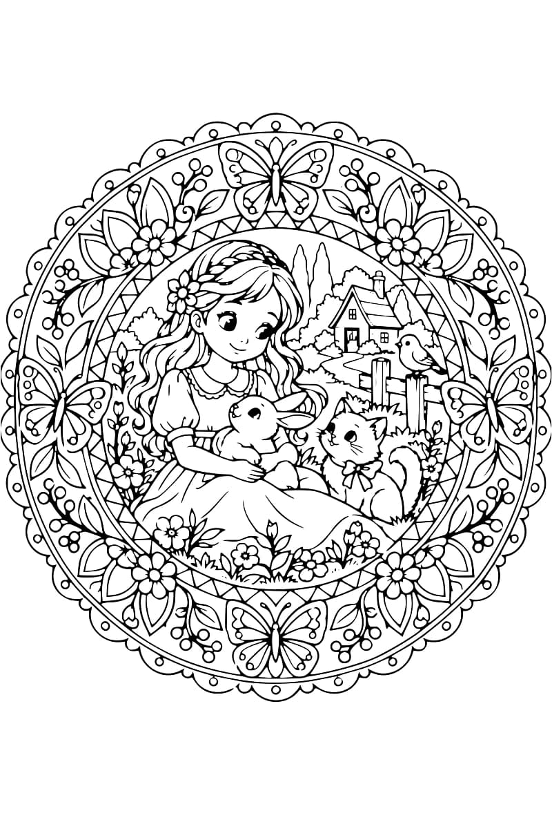 Mandala en noir et blanc représentant une fillette avec un lapin et un chat dans un jardin, entouré d’une bordure florale avec des papillons.