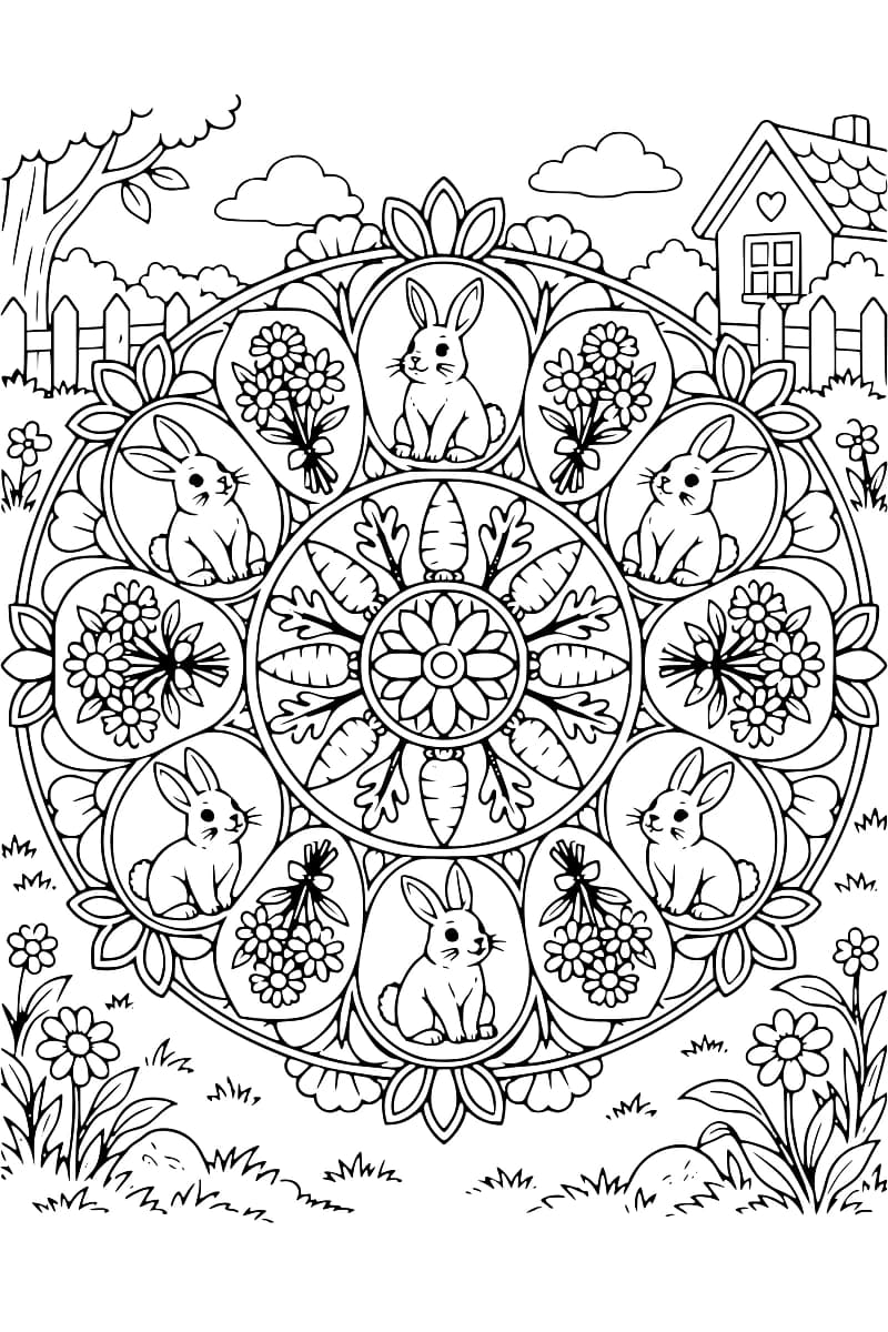 Dessin en noir et blanc d’un mandala composé de six lapins assis, de six bouquets de pâquerettes, de carottes et de motifs floraux, dans un jardin avec une clôture, un arbre et une petite maison.