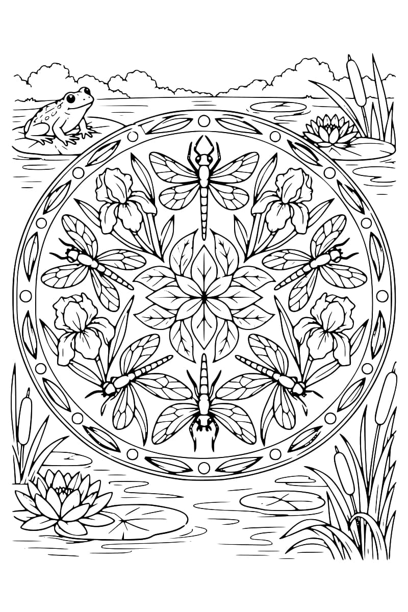 Dessin en noir et blanc d’un mandala circulaire avec six libellules et quatre iris autour d’une rosace de feuilles, bordé de motifs ovales et de petits cercles. À l’extérieur, une grenouille sur un nénuphar, des fleurs de nénuphar et des massettes agrémentent l’étang.