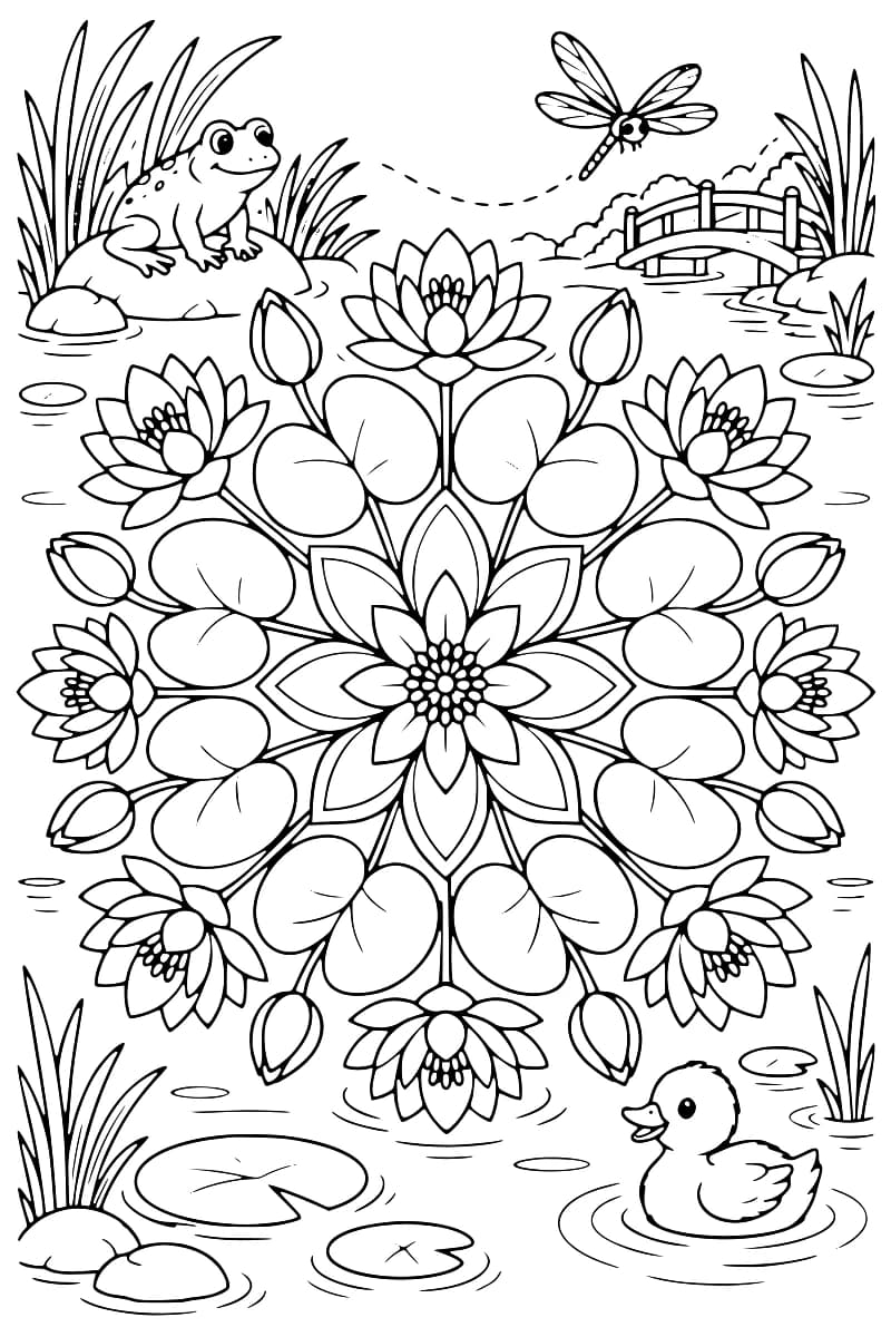Dessin à colorier d’un mandala de nénuphars ouverts, de boutons et de feuilles arrondies, entouré d’un décor de bassin avec une grenouille sur un rocher, une libellule, un petit pont, un caneton et des touffes d’herbes.