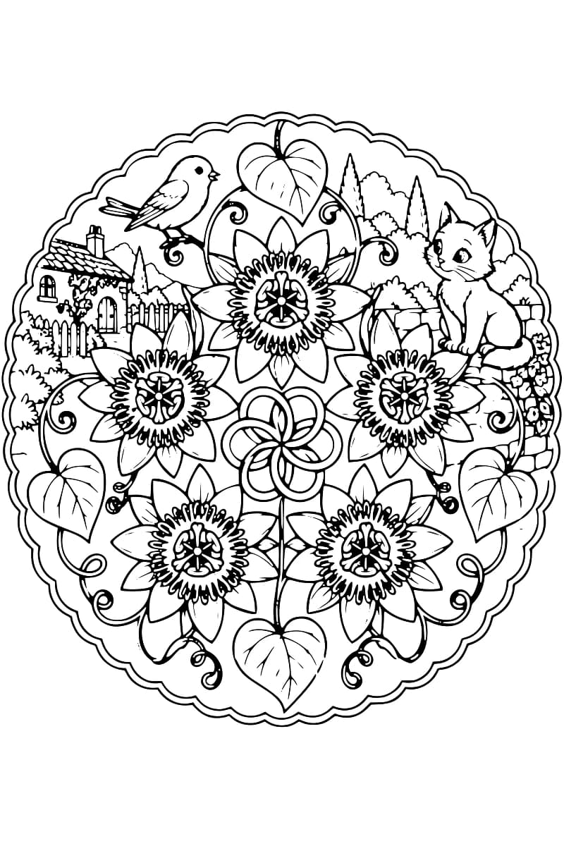 Dessin en noir et blanc dans un cadre ovale festonné : cinq passiflores entourent un motif central de boucles entrelacées, parmi des feuilles en cœur et des vrilles, avec un oiseau en haut à gauche, une maison sur le côté gauche et un chat assis sur un muret à droite.