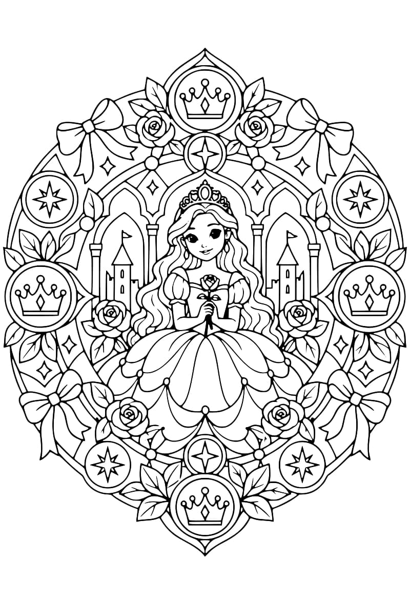 Mandala symétrique en noir et blanc représentant une princesse au centre, entourée de roses, de couronnes, de châteaux et de motifs décoratifs.