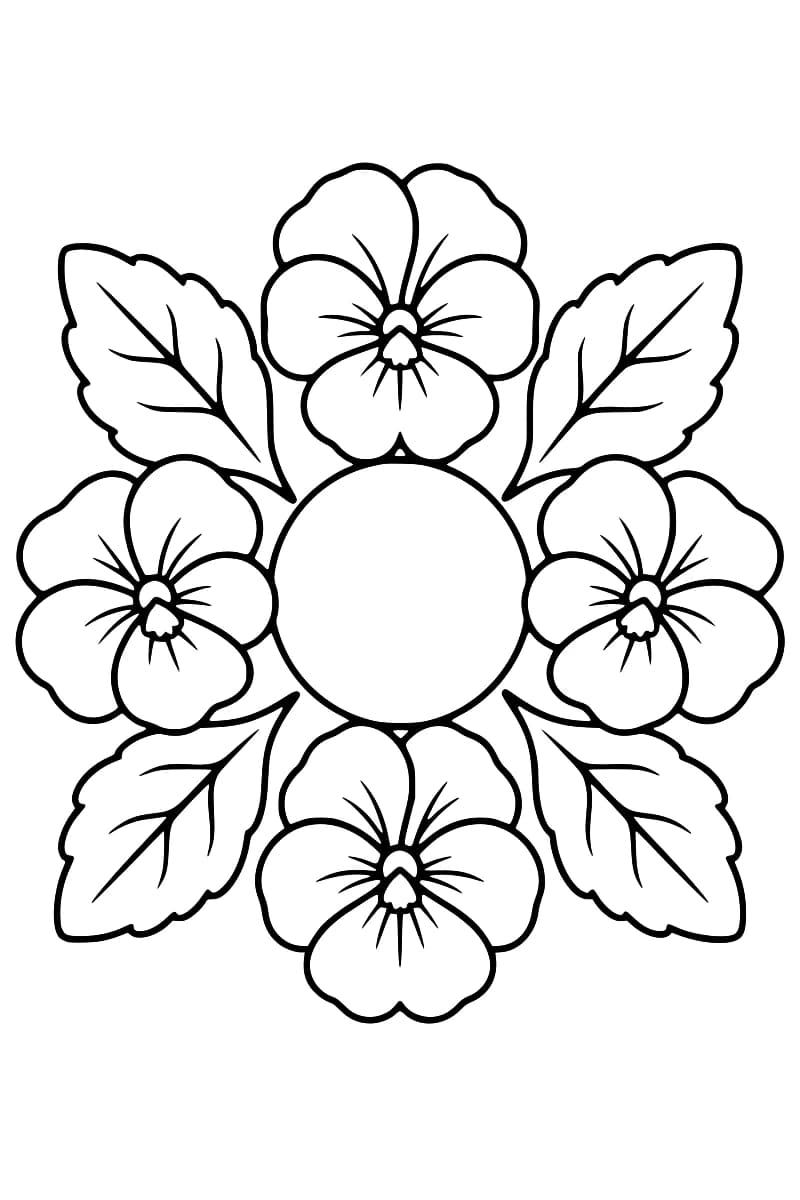 Dessin en noir et blanc d’un mandala floral composé de quatre pensées en haut, en bas et sur les côtés, et de quatre feuilles nervurées en diagonale autour d’un cercle central vide.