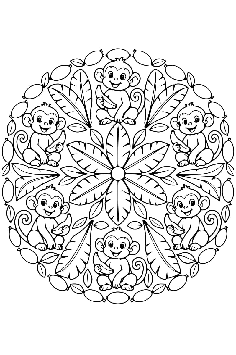 Dessin en noir et blanc de six singes souriants assis avec une banane, disposés autour d’une rosace de feuilles et entourés d’une bordure ovale de fruits et de petites feuilles.