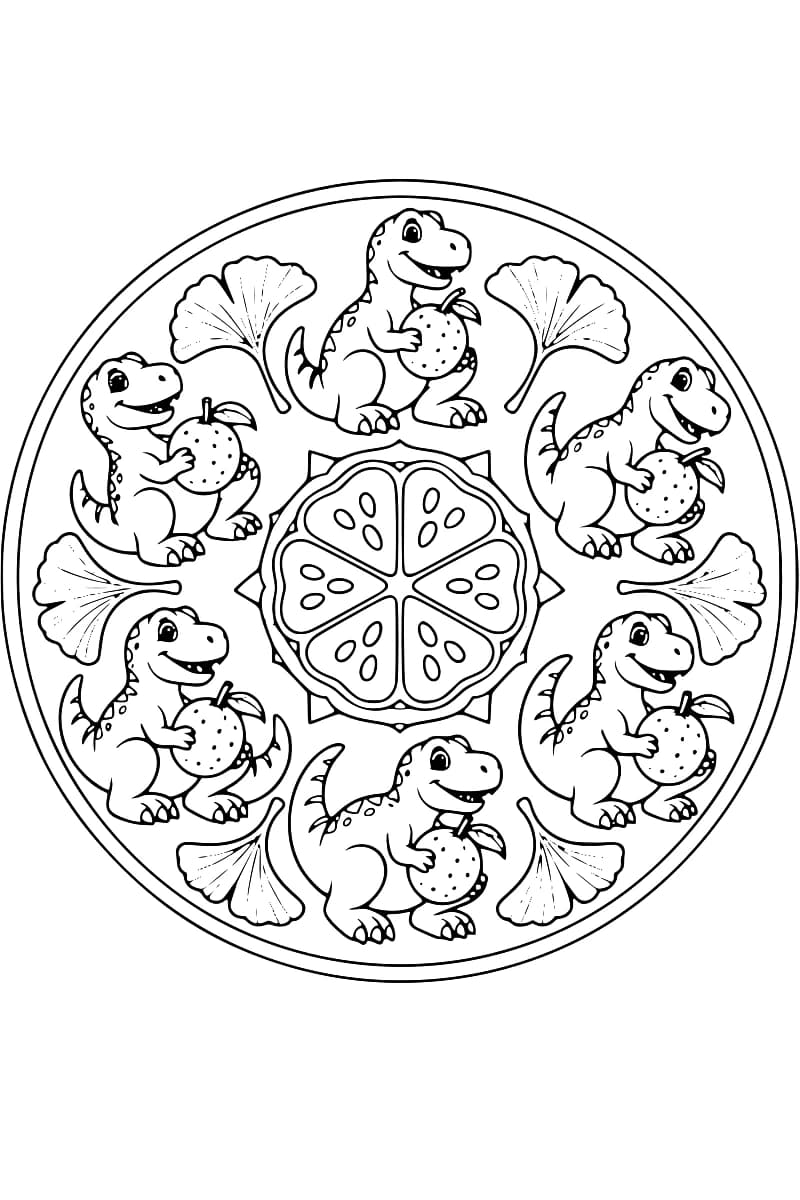 Dessin en noir et blanc d’un mandala bordé d’un double cercle, avec six dinosaures souriants tenant des fruits ronds, six feuilles de ginkgo et une tranche de fruit à six quartiers au centre.