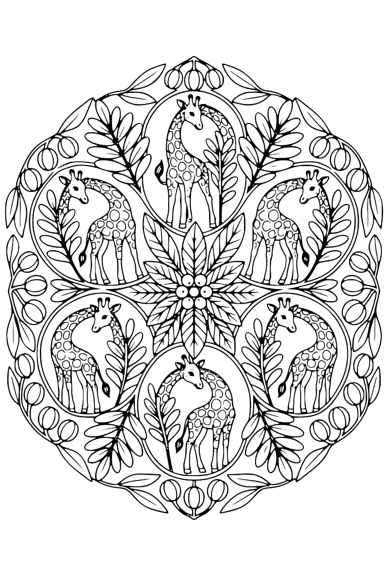 Dessin en noir et blanc de six girafes aux cous courbés, chacune dans un médaillon ovale, autour d’une rosace centrale de feuilles et de petits cercles, avec une bordure de feuilles et de motifs ovales.