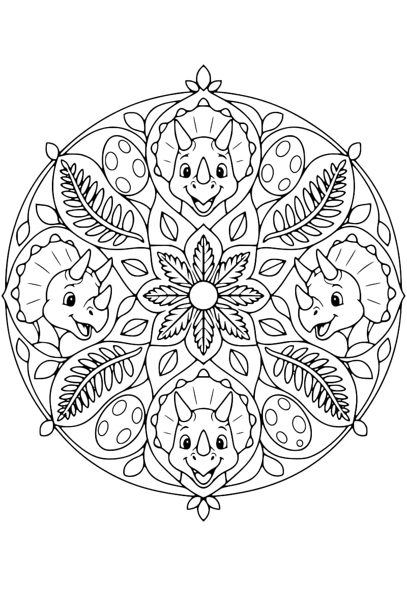 Mandala noir et blanc composé de quatre tricératops, de fougères, de feuilles, d’œufs et d’une fleur au centre.