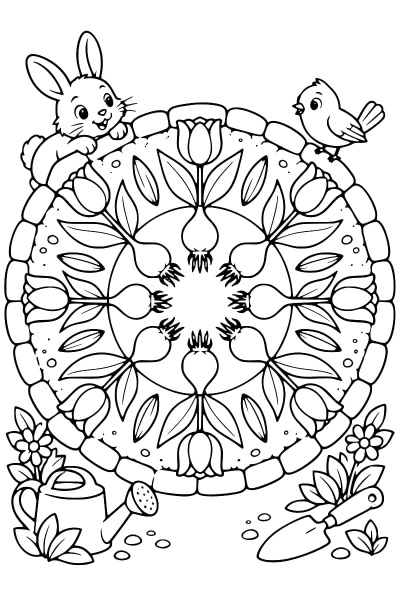 Dessin à colorier de huit tulipes avec leurs bulbes tournés vers le centre, dans un cercle bordé de pierres, avec un lapin en haut à gauche, un oiseau en haut à droite, un arrosoir et une petite pelle en bas, parmi des fleurs et des feuilles.