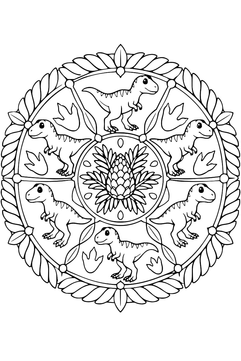 Dessin en noir et blanc d’un mandala avec six tyrannosaures répartis autour d’un cône entouré de feuillage, des empreintes à trois doigts et une bordure de feuilles.