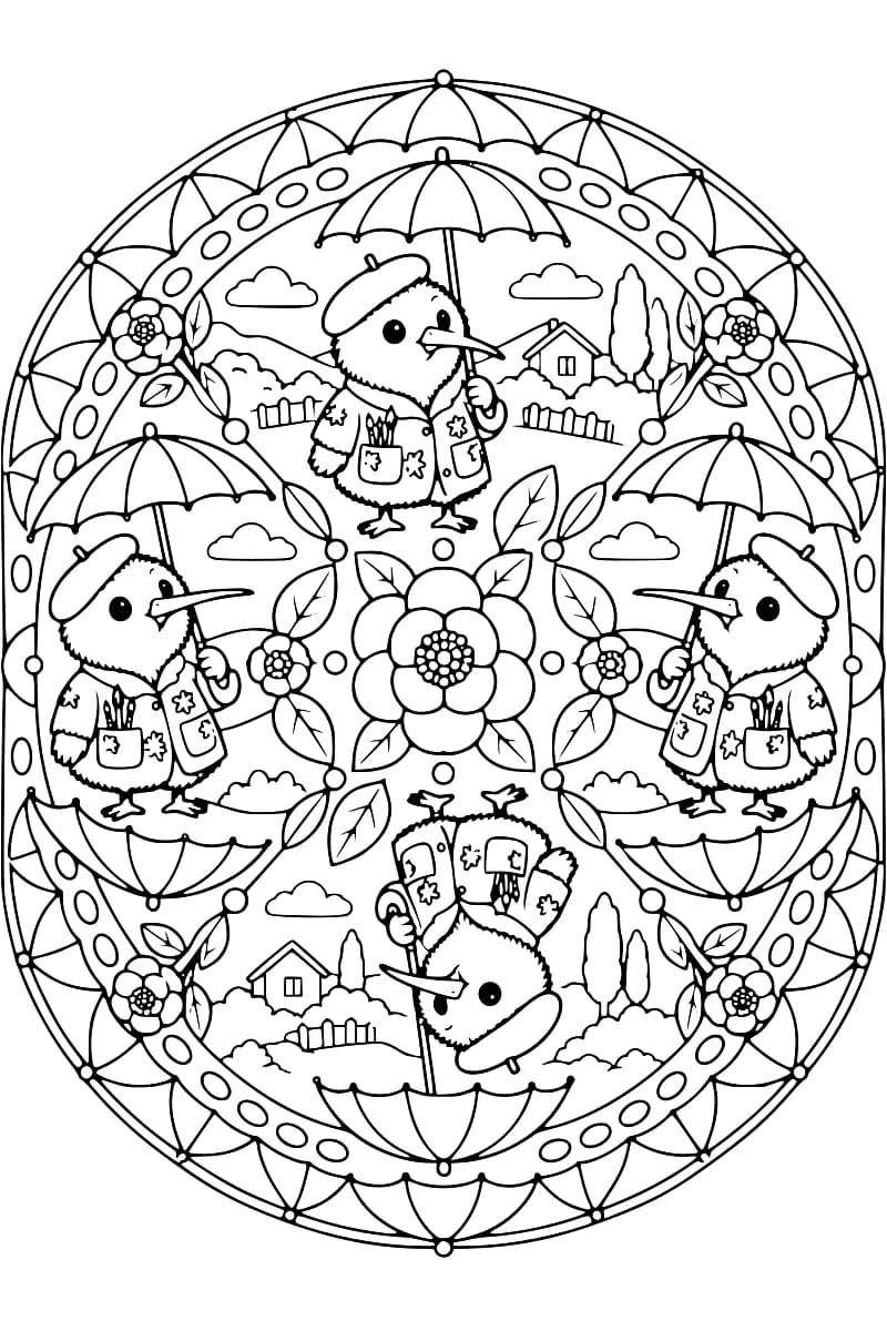 Dessin ovale en noir et blanc composé de quatre oiseaux kiwis en béret et en veste à poches, chacun tenant un parapluie ouvert, disposés autour d’une fleur centrale. Des fleurs, des feuilles, des maisons, des arbres, des clôtures et des nuages complètent le motif, entouré d’une bordure décorative.