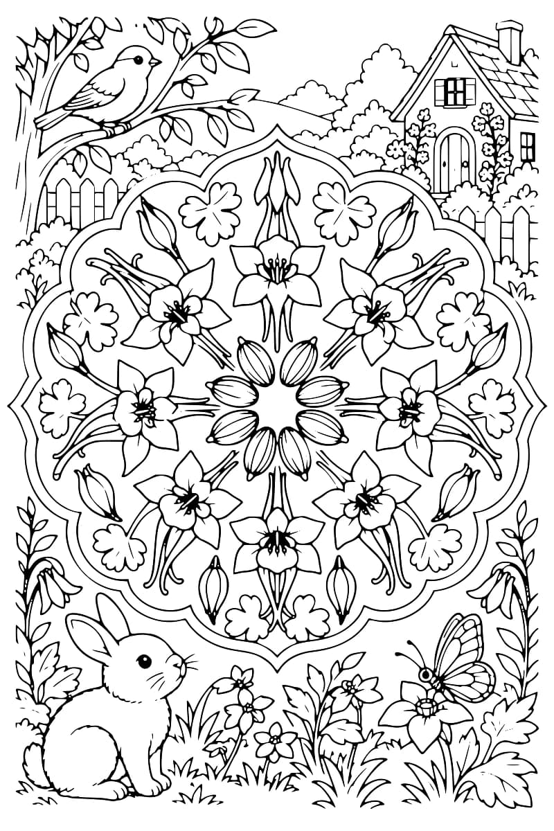 Dessin en noir et blanc d’un grand mandala floral à bordure festonnée, composé de huit fleurs, de boutons ovales et de feuilles lobées. Un oiseau est perché sur une branche en haut à gauche, une maison se trouve derrière une clôture en haut à droite, et un lapin ainsi qu’un papillon occupent le bas du jardin.