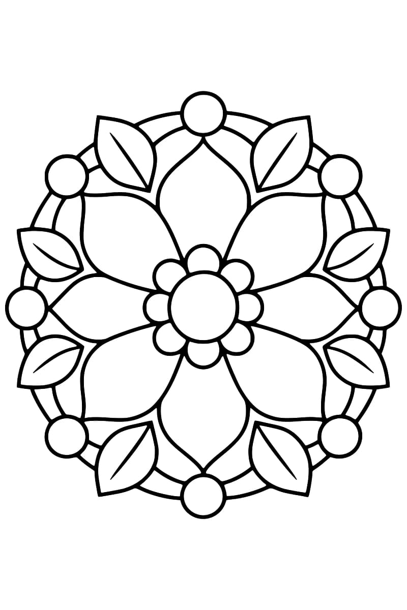 Mandala floral noir et blanc avec une fleur centrale, de grands pétales, huit feuilles et des cercles sur le pourtour.