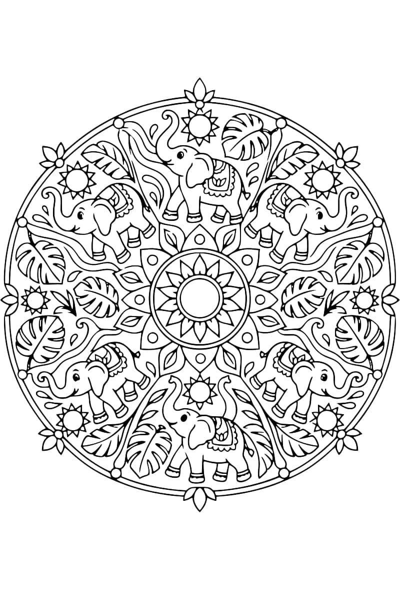 Dessin en noir et blanc d’un mandala symétrique avec cinq éléphants, des feuilles tropicales, des fleurs et un motif floral central.