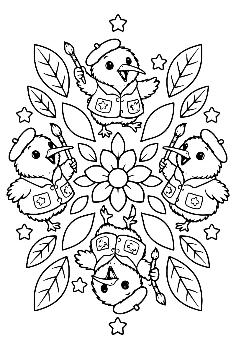 Dessin de coloriage en noir et blanc représentant quatre oiseaux kiwi autour d’une fleur centrale, entourés de feuilles et d’étoiles.