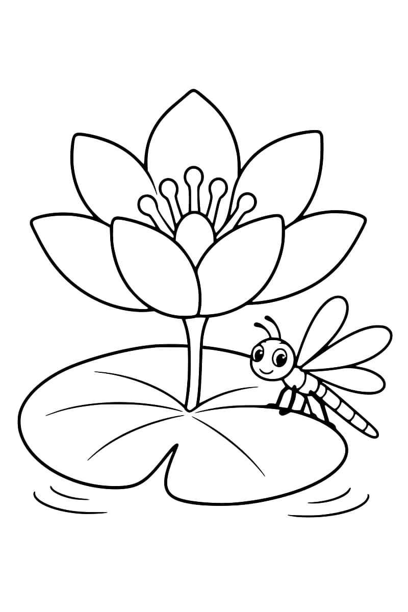 Dessin au trait noir d’un nénuphar aux grands pétales et aux étamines arrondies, avec une libellule souriante posée sur sa feuille et quelques ondulations dans l’eau.