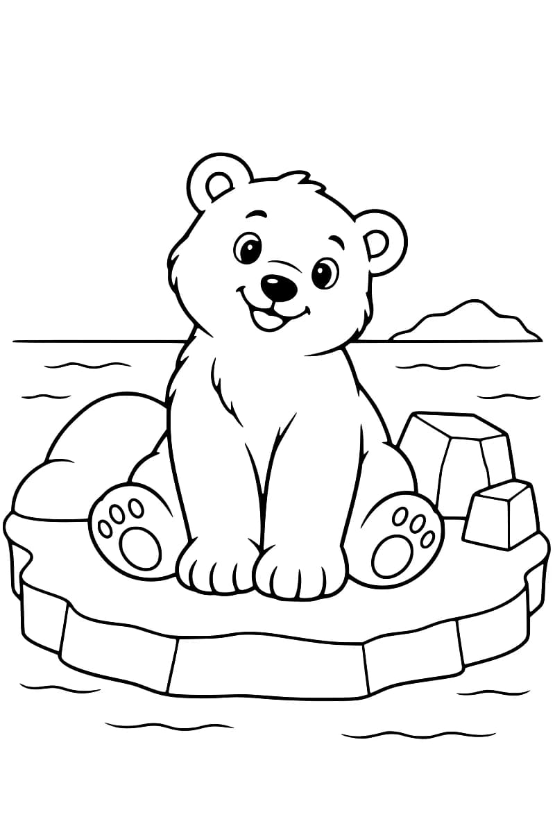 Dessin en noir et blanc d’un ourson polaire assis sur un bloc de glace, avec des morceaux de glace, la mer et une petite montagne à l’arrière-plan.