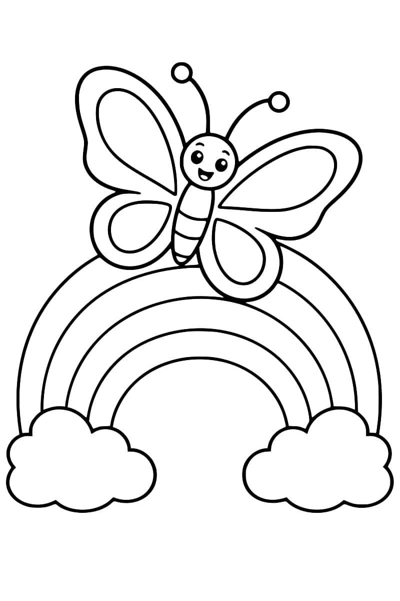 Dessin en noir et blanc d’un grand papillon souriant, aux quatre ailes décorées et aux antennes arrondies, devant le sommet d’un arc-en-ciel à quatre bandes terminé par deux nuages.