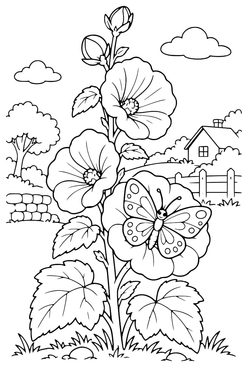 Dessin au trait noir d’une rose trémière portant trois grandes fleurs, deux boutons et des feuilles dentelées, avec un papillon sur la fleur du bas ; à l’arrière-plan figurent une maison, une clôture, un muret, un arbre et deux nuages.