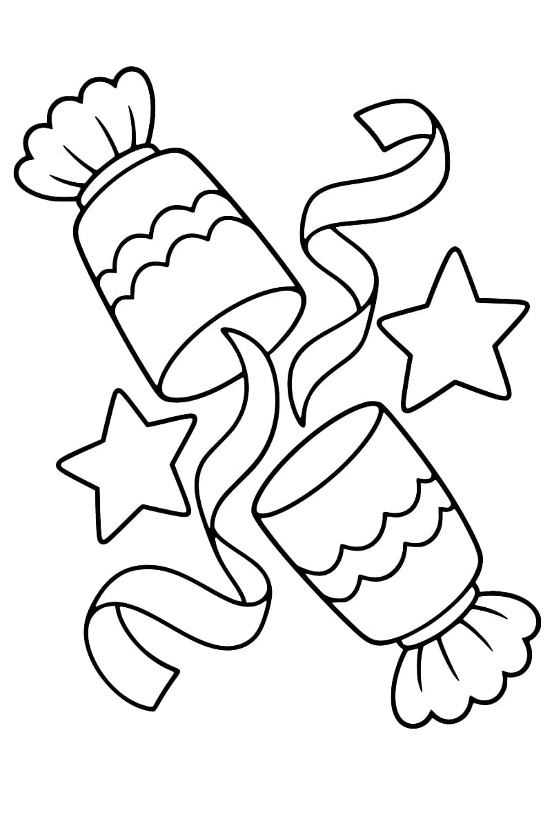 Dessin en noir et blanc d’une papillote ouverte en deux morceaux décorés de motifs festonnés, avec deux étoiles et deux longs rubans ondulés.