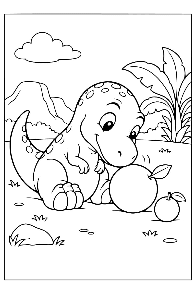 Dessin à colorier d’un dinosaure souriant assis devant deux fruits ronds à feuilles, l’un gros et l’autre petit, avec des plantes, des rochers, des montagnes et un nuage en arrière-plan.