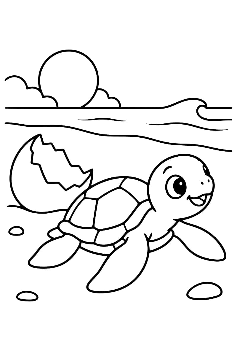 Dessin en noir et blanc d’une tortue souriante sur une plage parsemée de cailloux, avec une coquille d’œuf brisée derrière elle, des vagues, des nuages et un soleil à l’horizon.