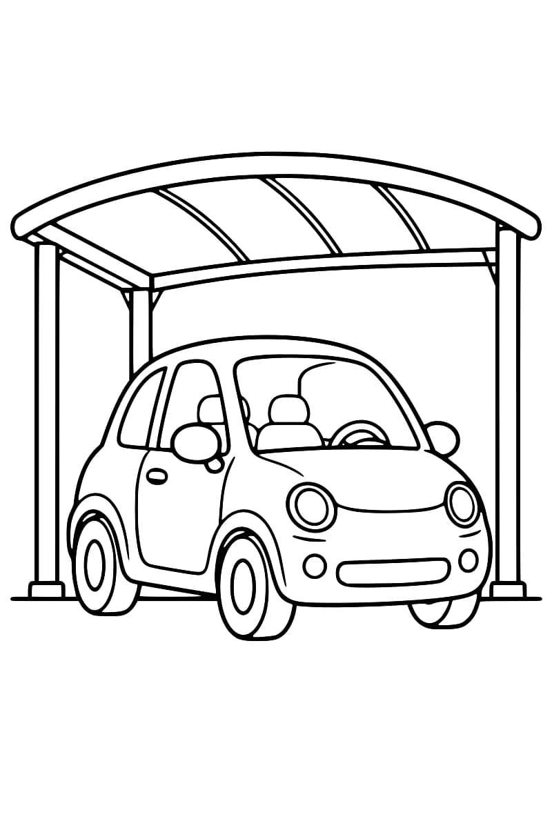 Dessin en noir et blanc d’une petite voiture vue de trois quarts avant, sous un abri à toit courbe soutenu par des poteaux.