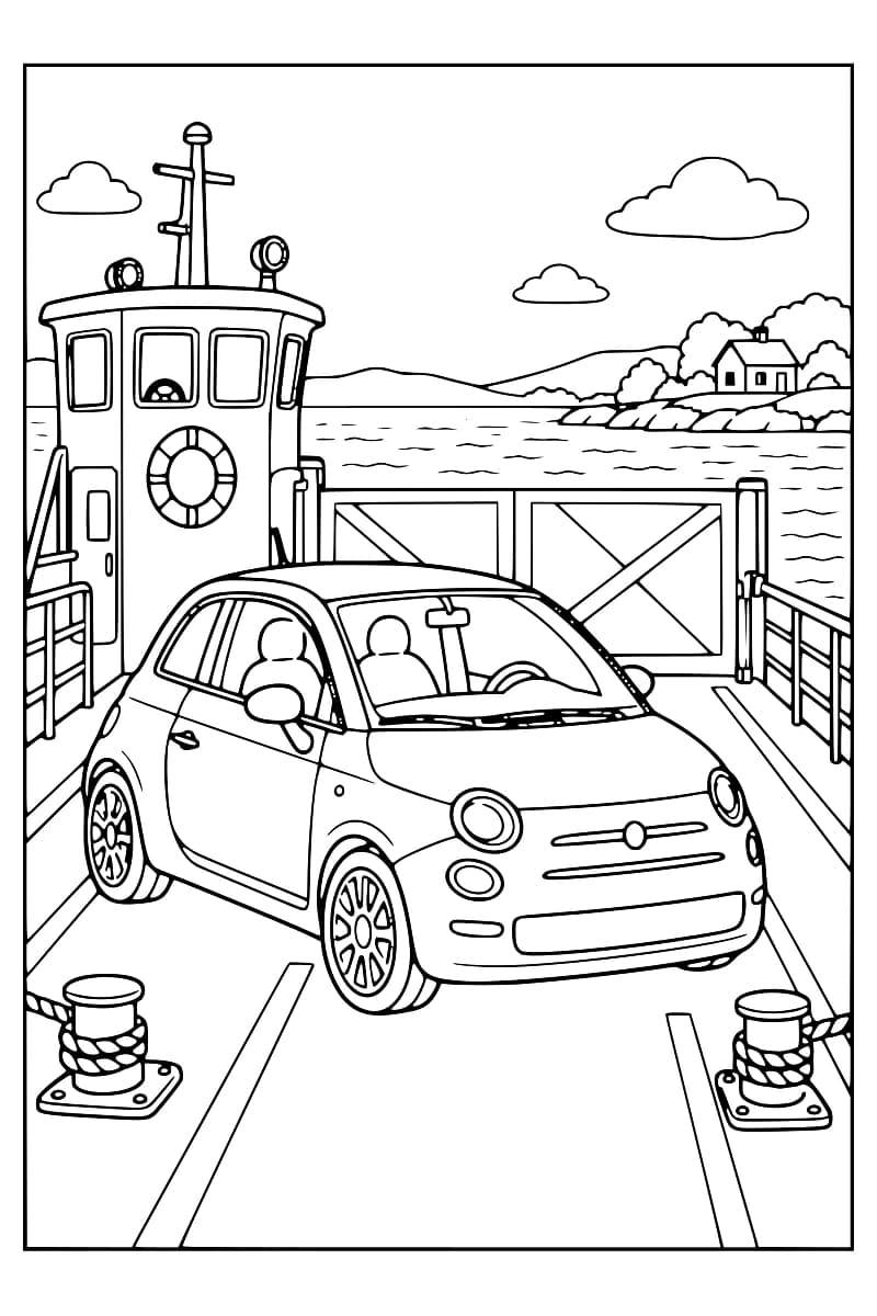 Dessin en noir et blanc d’une petite voiture sur le pont d’un bac, entourée de garde-corps et de bittes d’amarrage avec des cordages, avec une cabine à gauche et une maison sur la rive au loin.