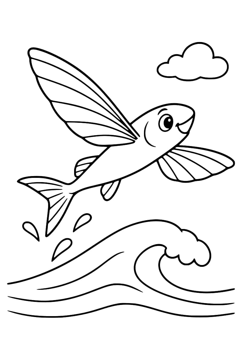 Dessin en noir et blanc d’un poisson volant souriant, aux grandes nageoires déployées, au-dessus d’une vague avec trois gouttes d’eau et un nuage.