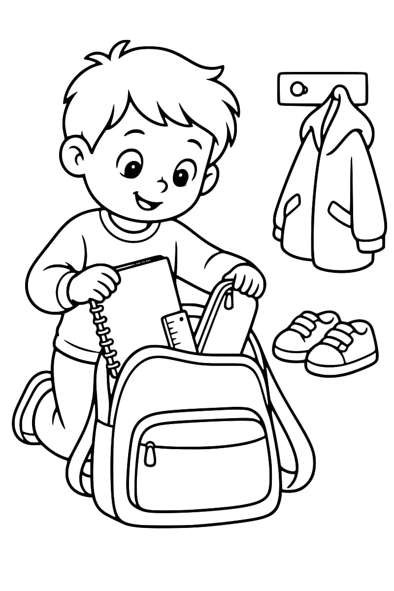 Dessin en noir et blanc d’un enfant agenouillé qui range un cahier et une règle dans son sac d’école.
