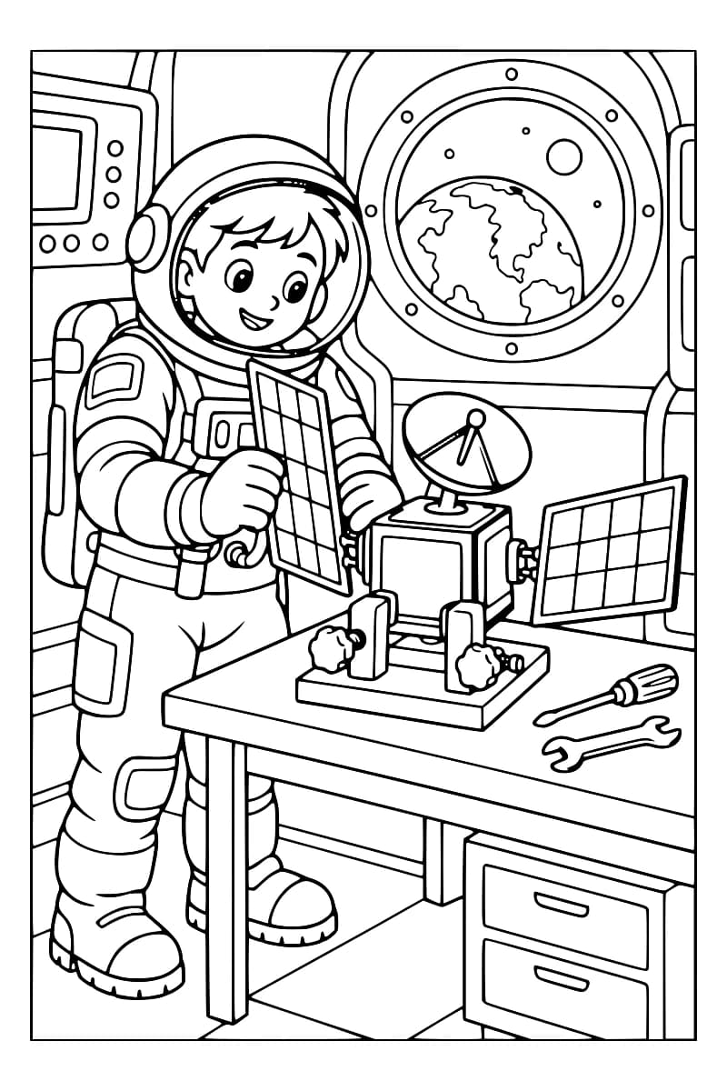 Dessin en noir et blanc d’un astronaute tenant un panneau solaire relié à un satellite muni d’une antenne parabolique, sur un établi avec un tournevis et une clé, devant un hublot donnant sur la Terre.