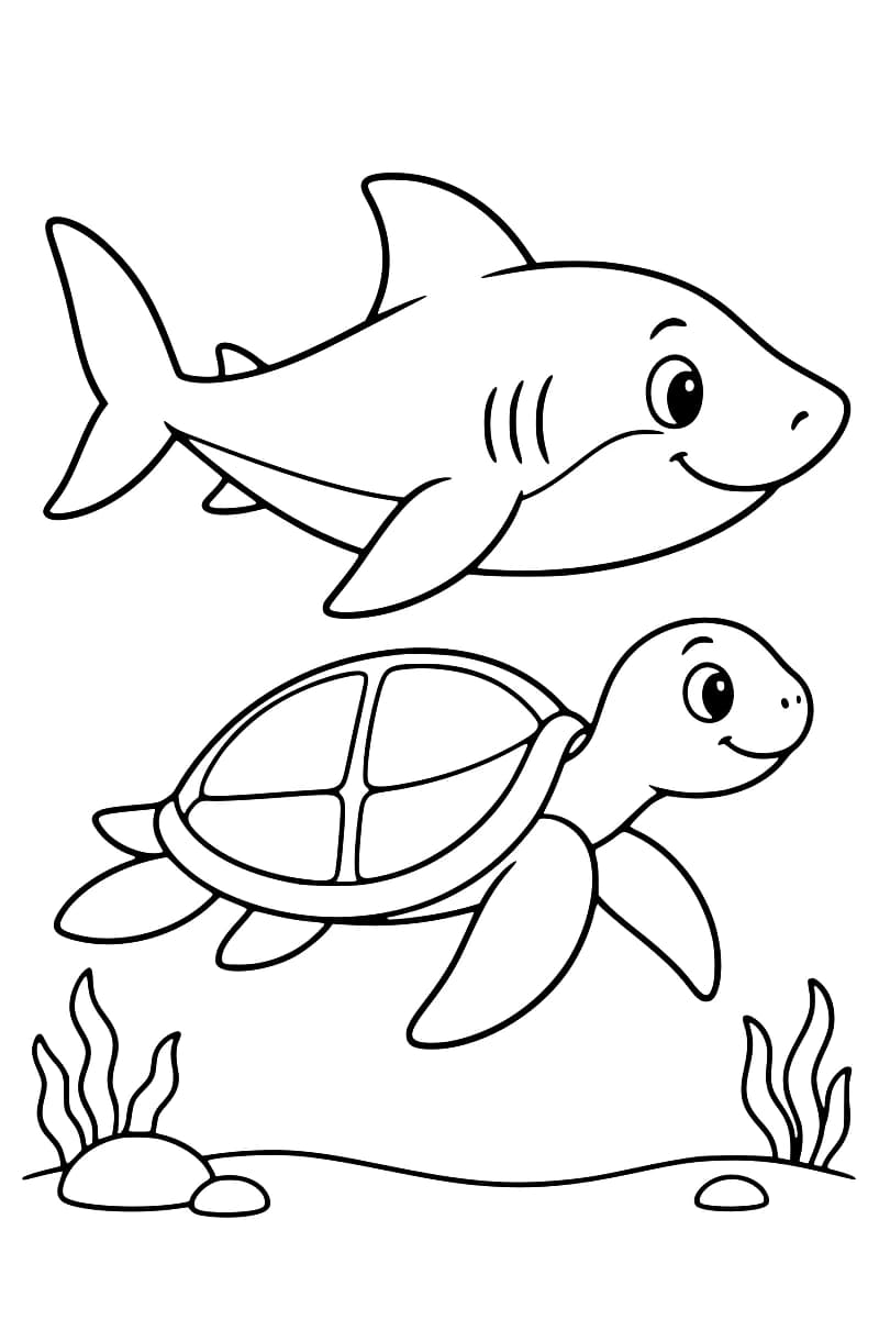 Dessin en noir et blanc d’un requin et d’une tortue marine souriants, tournés vers la droite, au-dessus d’un fond marin bordé d’algues et de pierres.