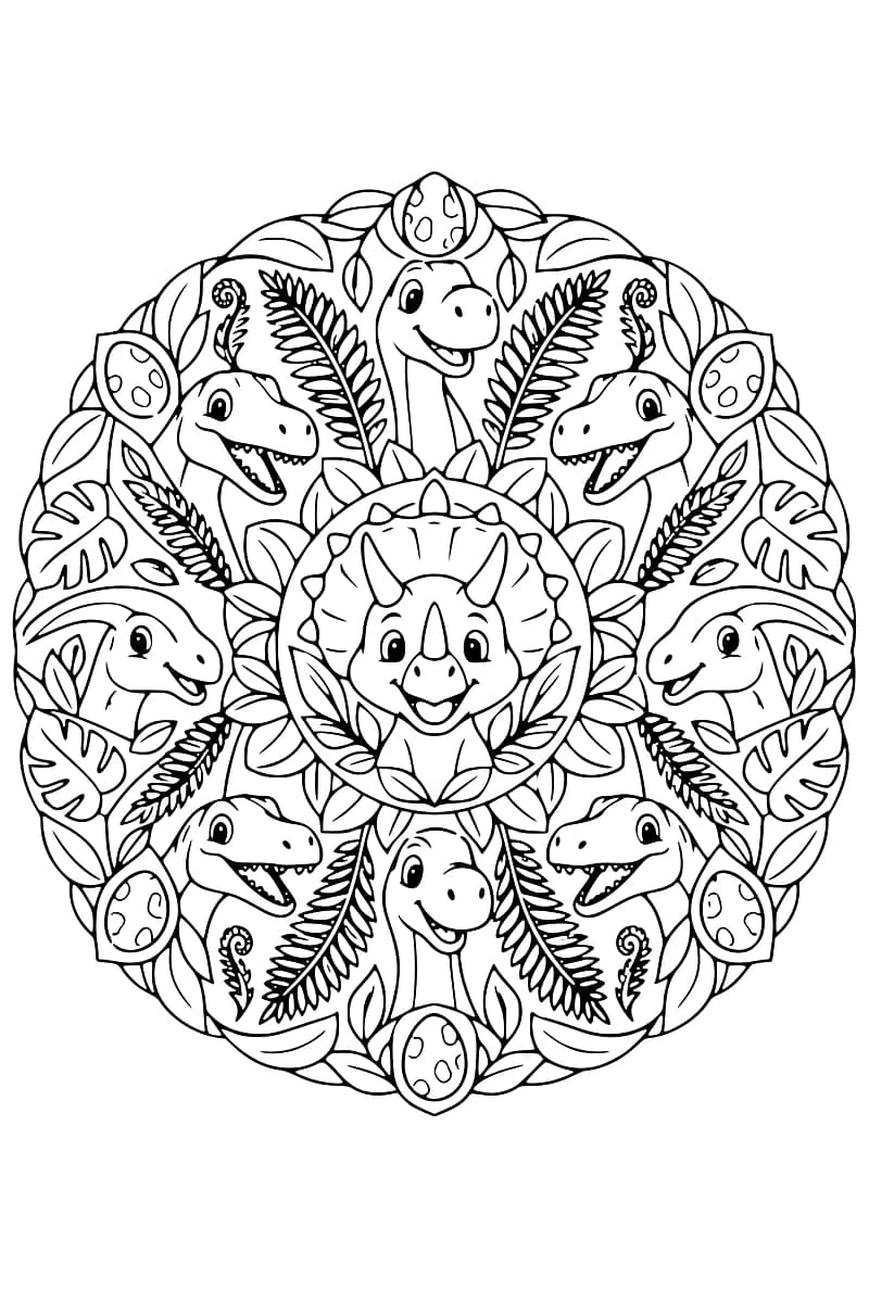 Illustration en noir et blanc d’un mandala symétrique avec un tricératops au centre, six autres dinosaures, des fougères, des feuilles et des œufs fossilisés.