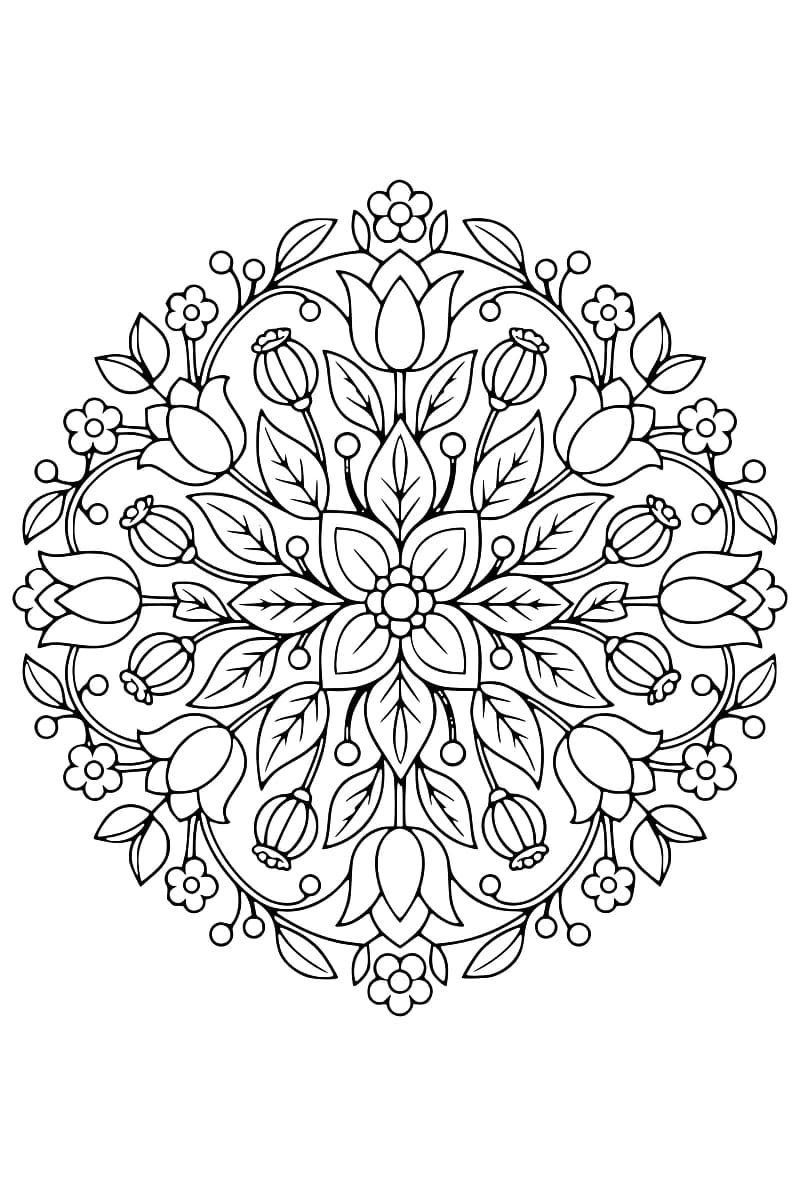 Dessin en noir et blanc représentant un mandala floral symétrique composé de tulipes, de feuilles, de boutons et de petites fleurs.